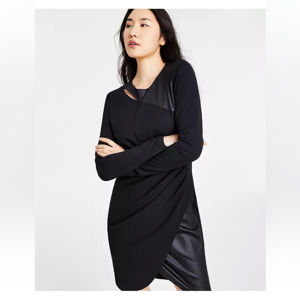 BNWT DKNY Women's Mixed-Media Cutout-Neck Side-Draped Black Faux Leather Dress